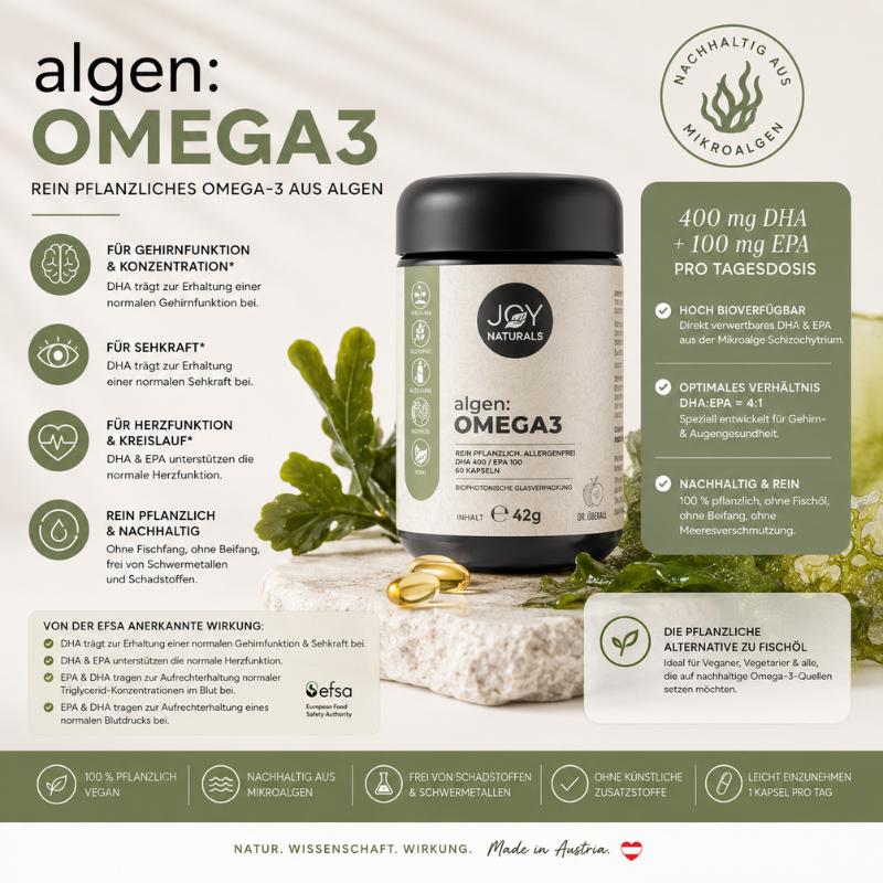 Omega-3 aus Algen, für Gehrinfunktion und Konzentation, für Sehkraft, für Herzfunktion und Kreislauf, rein Pflanzlich und nachhaltig