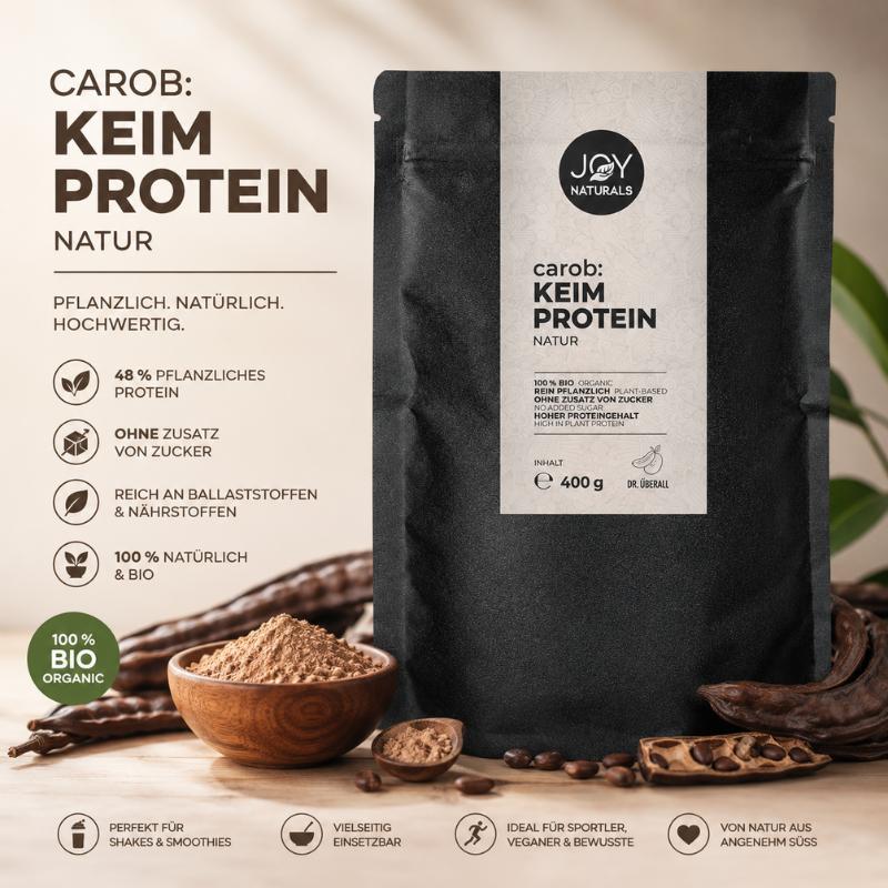JOY NATURALS Carob Keim Protein Natur 400 g mit Carobschoten und Proteinpulver – bio, pflanzlich, ohne Zuckerzusatz und reich an Protein.