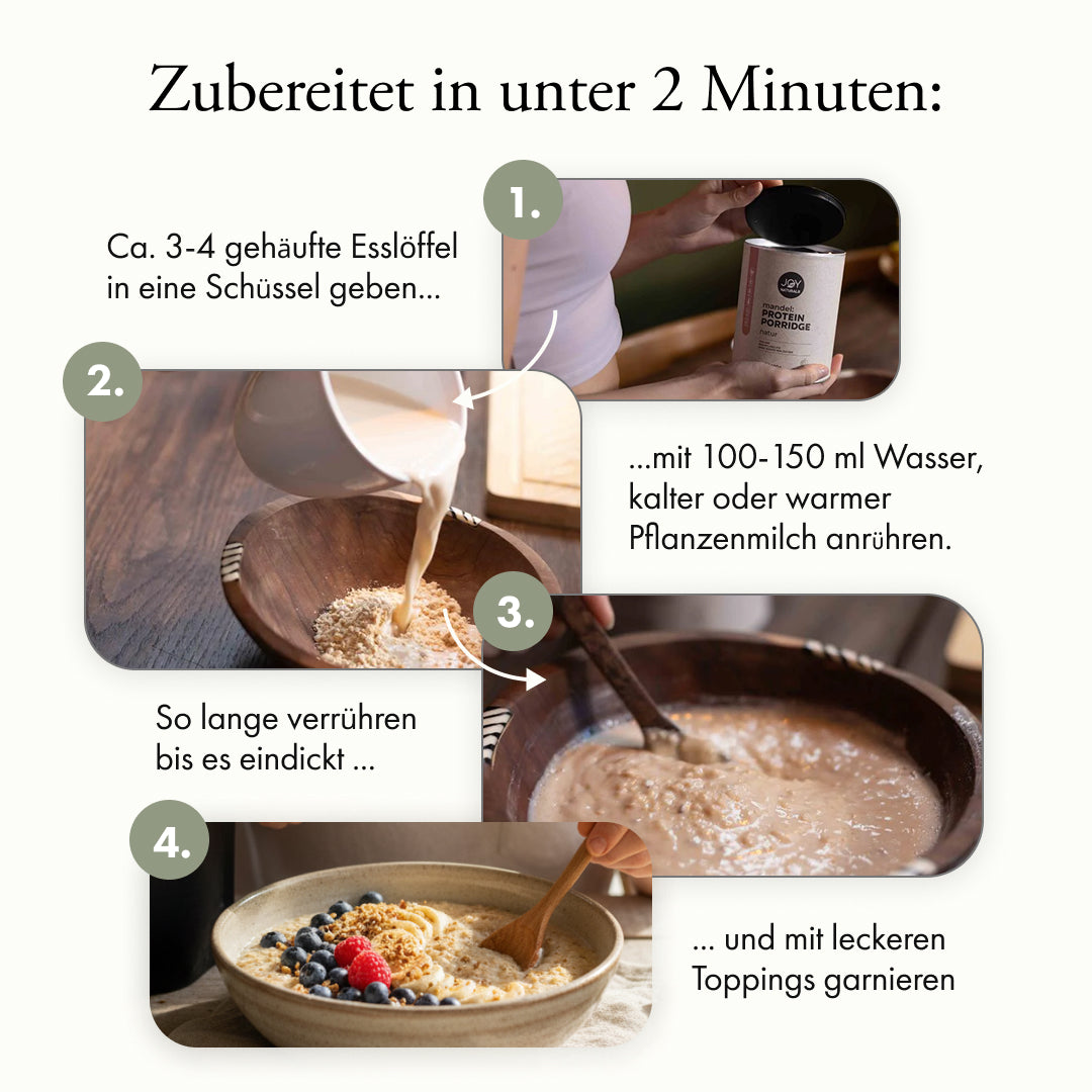 Zubereitungsanleitung JOY NATURALS Mandel Protein Porridge