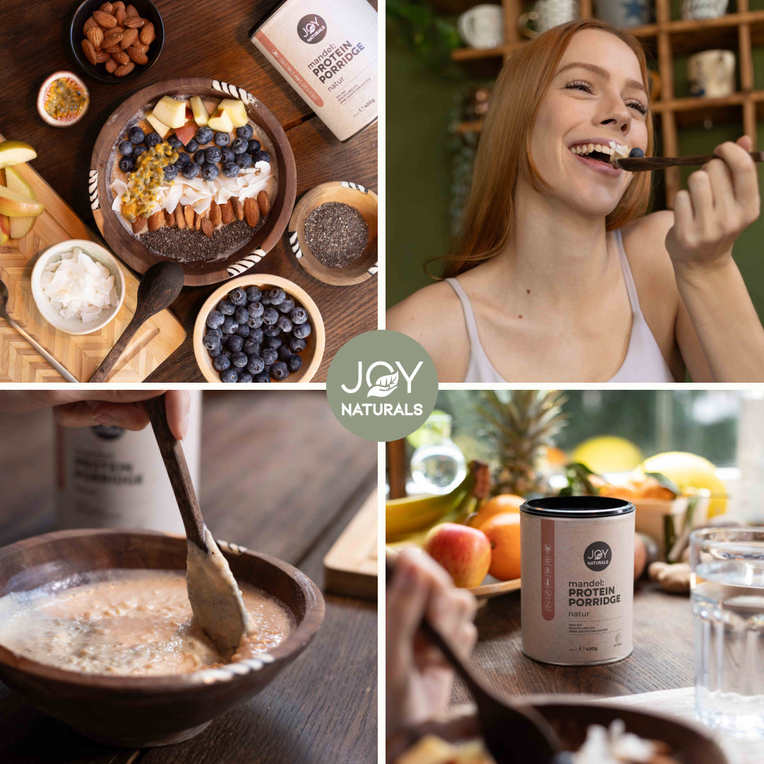 Das Mandel Protein Porridge von JOY NATURALS schmeckt pur oder mit Toppings wie Früchten, Nüssen und Chiasamen