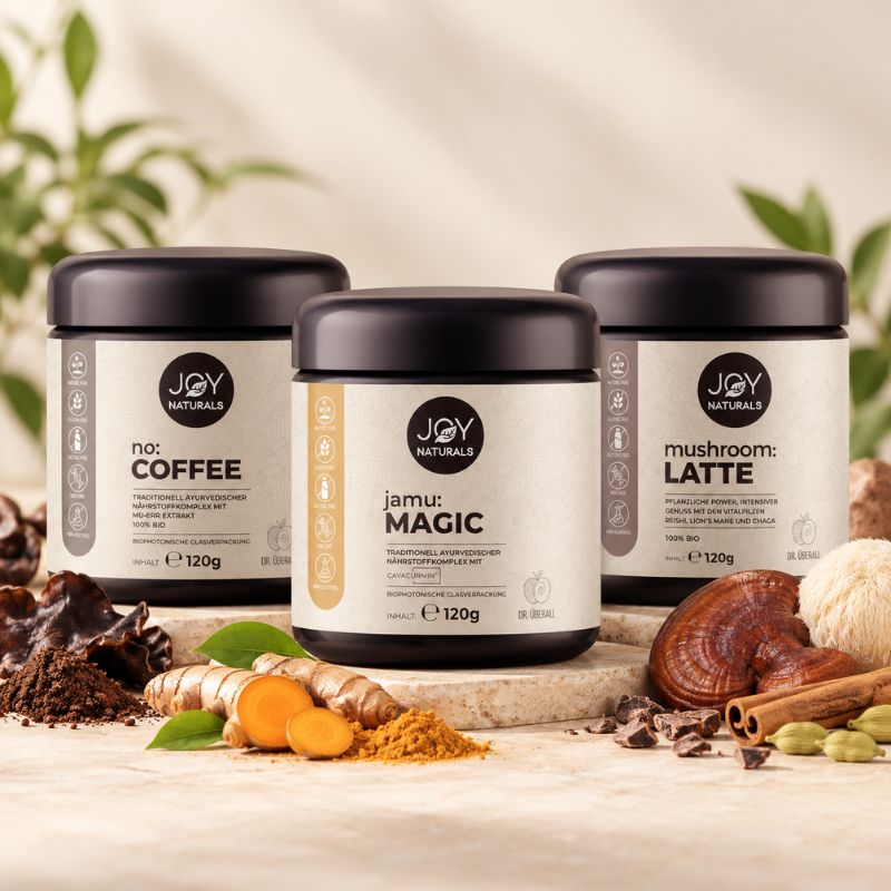 JOY NATURALS Trio mit jamu:MAGIC, no:COFFEE und mushroom:LATTE – drei natürliche Pulverkomplexe mit Vitalpilzen und Pflanzenextrakten, serviert als Golden Latte, Kaffee-Alternative und cremiger Mushroom