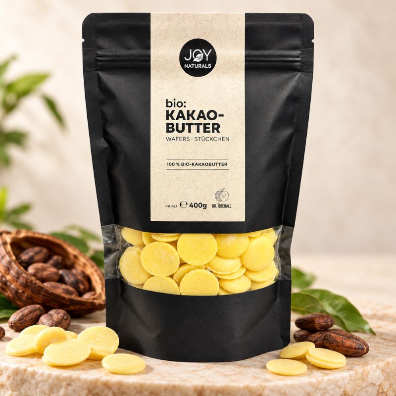 JOY NATURALS Bio-Kakaobutter Wafers 400 g mit Kakaobohnen und Kakaobutter-Stückchen – 100 % natürliche Bio-Kakaobutter.