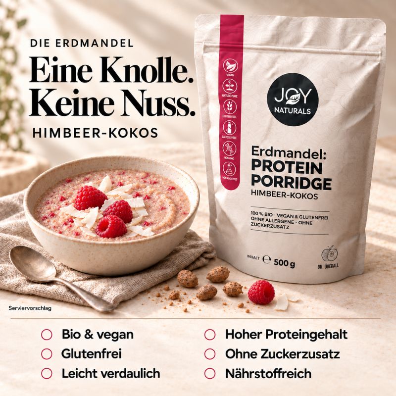 Infografik zu JOY NATURALS Erdmandel Protein Porridge Himbeer-Kokos: „Eine Knolle. Keine Nuss.“ mit Produktvorteilen und Serviervorschlag.