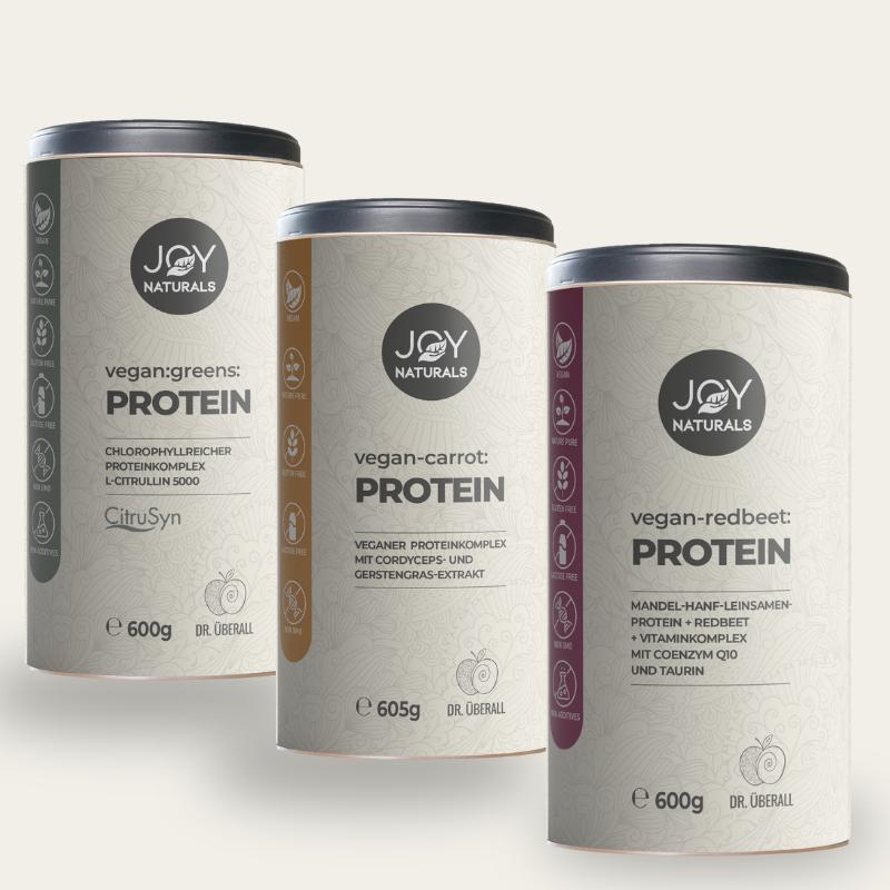 3 pflanzliche Protein-Shakes, 3 funktionelle Benefits plus GRATIS Fitness Guide
